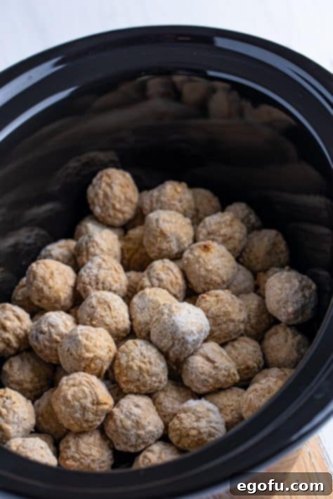 frozen meatballs in a slow cooker.
