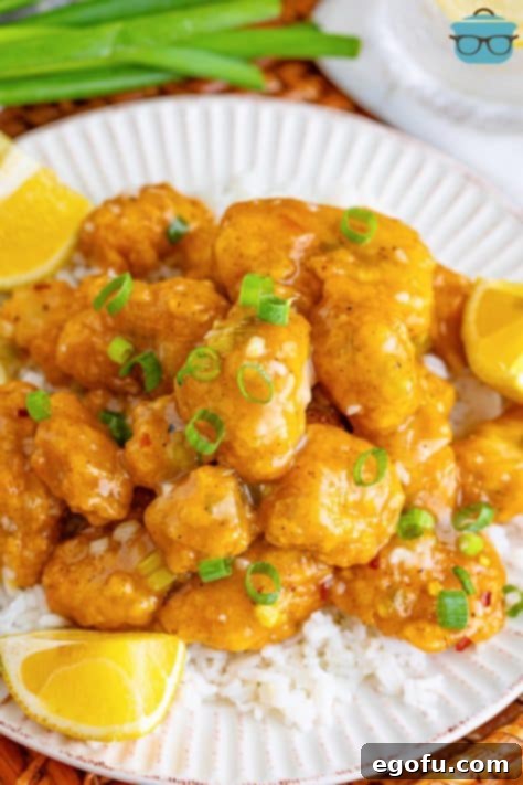 Looking down on Asian Lemon Chicken on a plate.