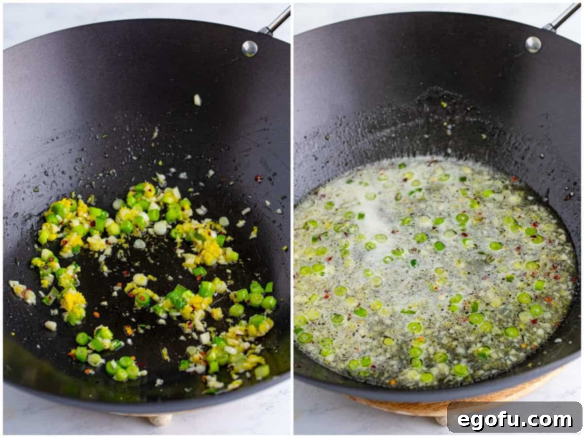 collage of two photos: A wok with green onion, garlic, ginger, and chili flakes; lemon juice, sugar and water added to wok. 