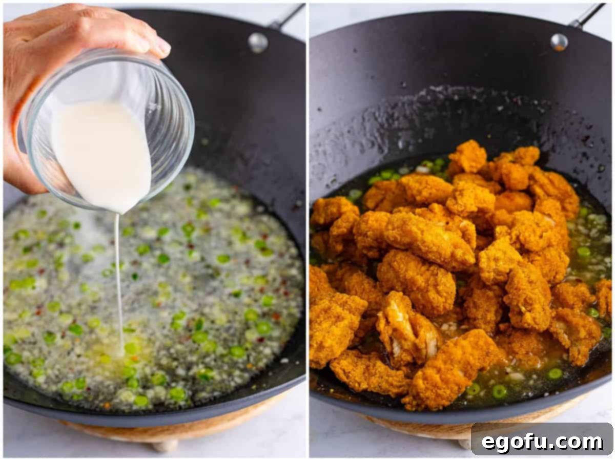 collage of two photos: pouring cornstarch slurry into wok; cooked popcorn chicken added into wok. 