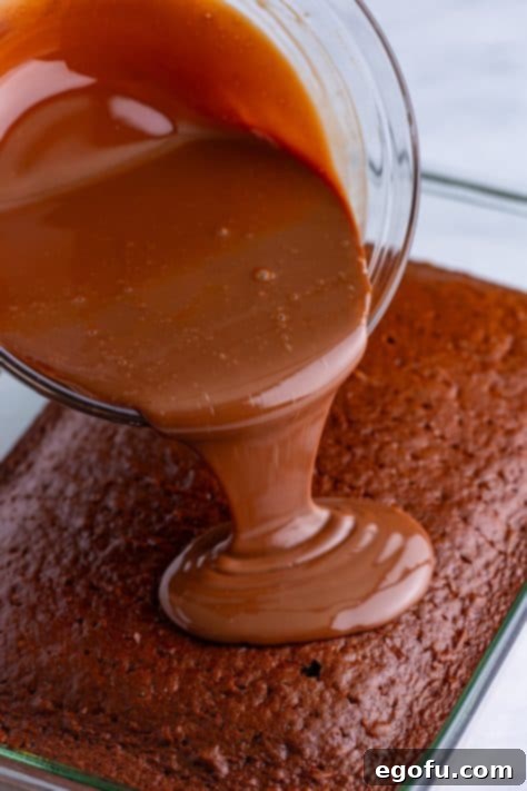 Heavenly Oreo Dream Cake 14 A chocolate syrup sauce being poured on a chocolate cake.