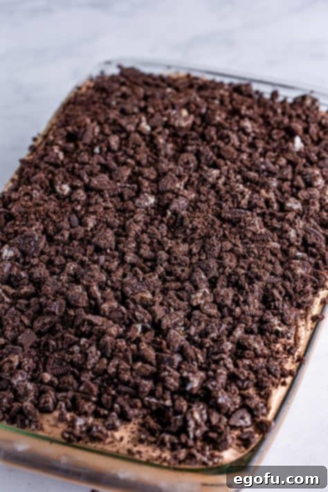 Heavenly Oreo Dream Cake 18 Crushed Oreos on a chocolate frosted chocolate cake.