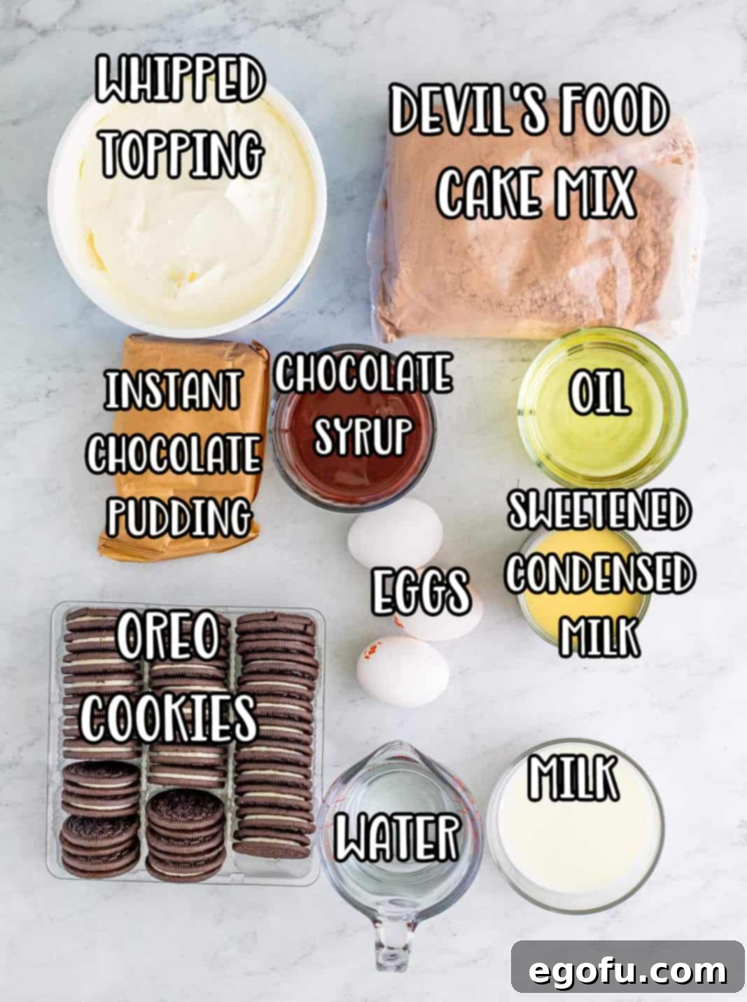 Heavenly Oreo Dream Cake 4 A vibrant collage of ingredients for Oreo Better Than Sex Cake: Devil's food cake mix, oil, water, eggs, whole milk, sweetened condensed milk, whipped topping, instant chocolate pudding mix, chocolate syrup, and of course, Oreo cookies.