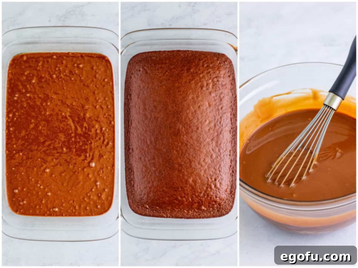 Heavenly Oreo Dream Cake 5 A three-panel collage showing cake batter in a baking dish, a fully baked chocolate cake, and condensed milk with chocolate syrup being whisked together in a bowl.