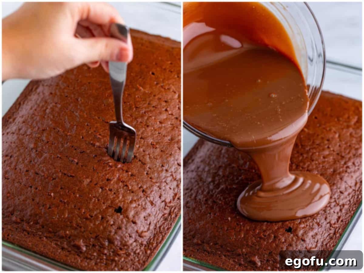Heavenly Oreo Dream Cake 6 A two-panel collage depicting a fork poking holes into a warm devil's food chocolate cake, followed by the chocolate syrup mixture being poured over the poked cake.