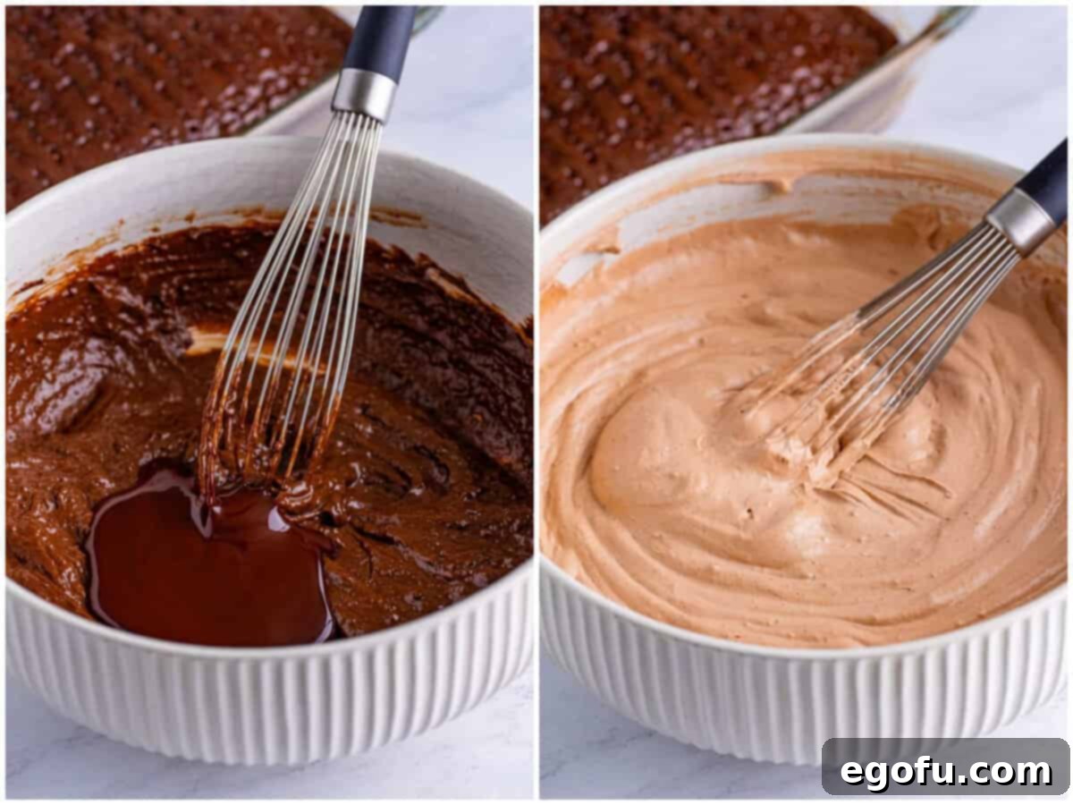 Heavenly Oreo Dream Cake 7 A two-panel collage showing chocolate pudding, milk, and chocolate syrup being whisked together in a bowl, followed by whipped topping being added to the mixture.