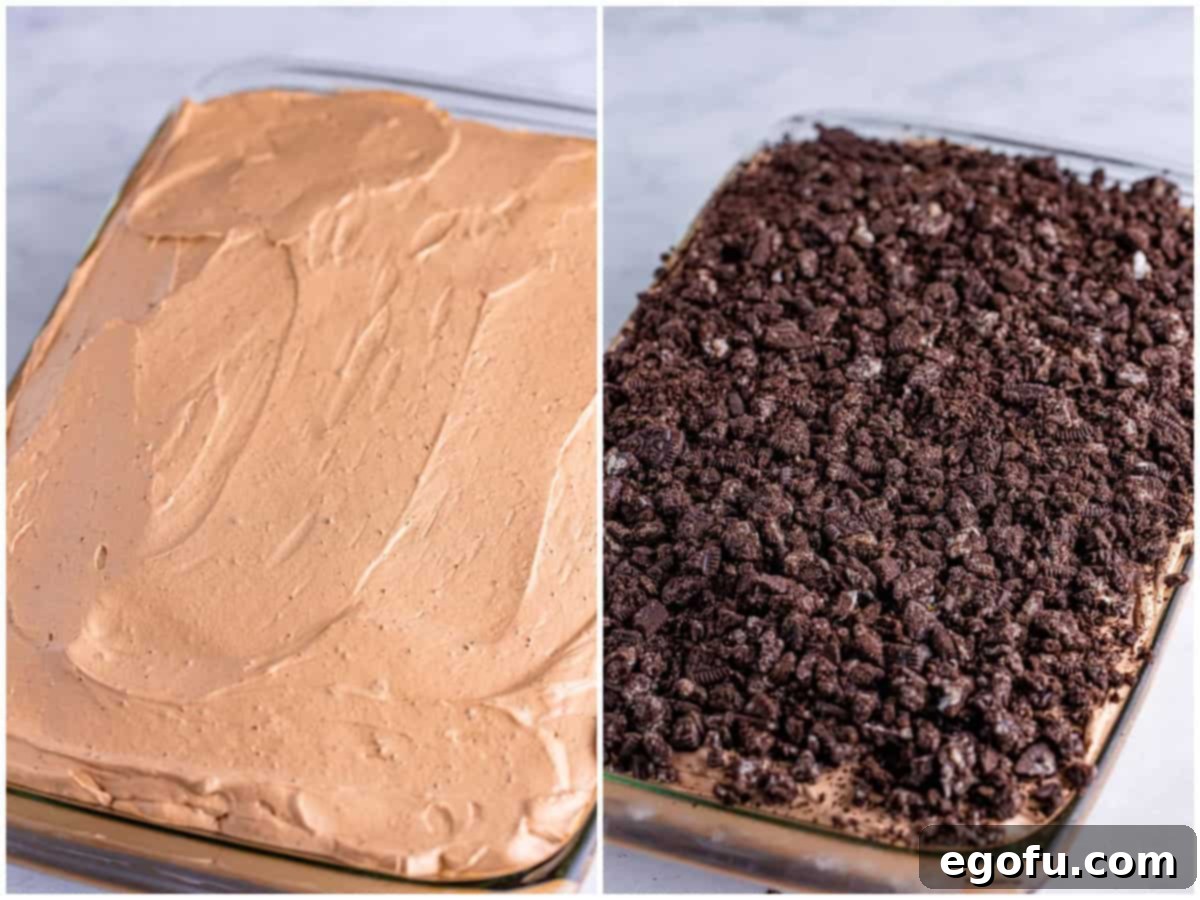 Heavenly Oreo Dream Cake 8 A two-panel collage showcasing chocolate whipped topping being spread generously over a chocolate cake, followed by crushed Oreo cookies being sprinkled evenly on top of the cake.