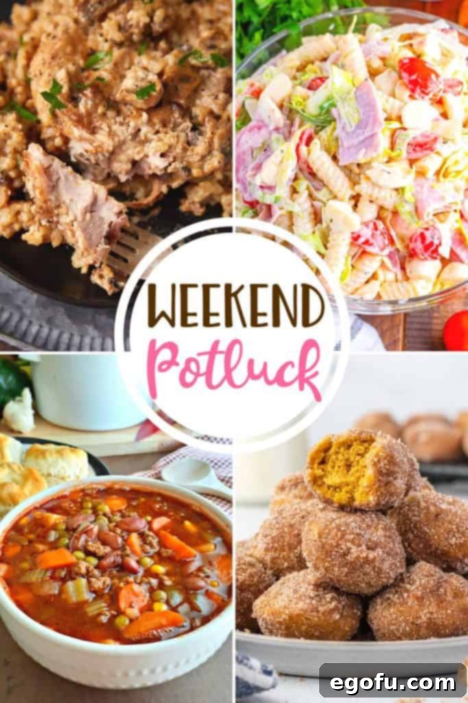 A vibrant collage showcasing the top Weekend Potluck featured recipes: a steaming bowl of Country Beef Vegetable Soup, golden Air Fryer Pumpkin Donut Holes, savory Crock Pot Pork Chops with Mushroom Soup, and a fresh Italian Grinder Pasta Salad.