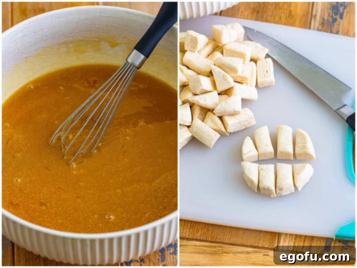 Gooey Pecan Pull-Apart Bake 5 A collage showing two key steps: a small mixing bowl containing the wet ingredients (corn syrup, brown sugar, melted butter, eggs, vanilla) being whisked, and raw biscuits neatly cut into small, uniform pieces ready for the mixture.