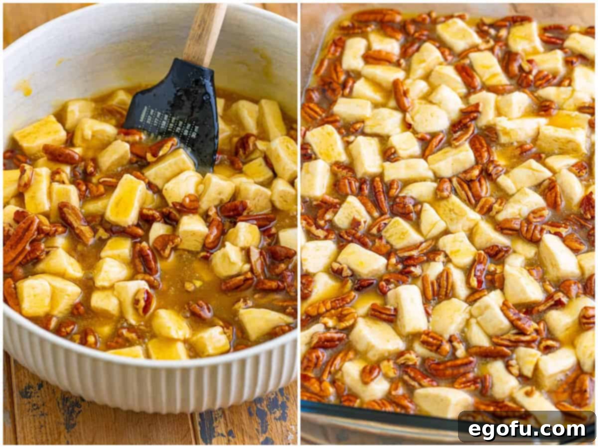 Gooey Pecan Pull-Apart Bake 6 A collage illustrating two preparation stages: chopped pecans and biscuit pieces thoroughly coated in the rich pecan pie sauce in a mixing bowl, and the unbaked pecan pie bubble up mixture evenly spread in a baking dish, ready for the oven.