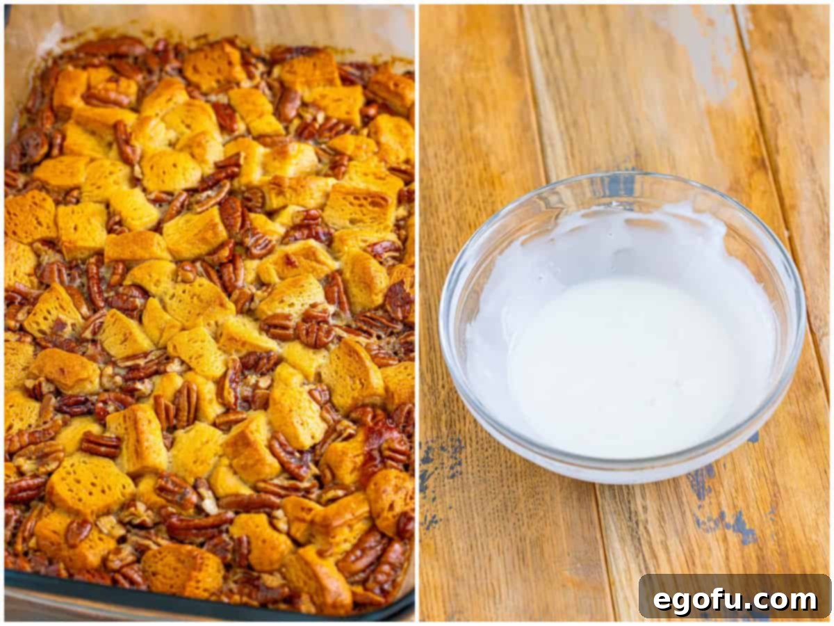 Gooey Pecan Pull-Apart Bake 7 A collage showing two stages: the freshly baked Pecan Pie Bubble Up in its baking dish, golden brown and bubbling, and a small mixing bowl containing powdered sugar and milk whisked together to form a smooth glaze.