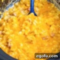 Serving utensil in a container of Ham Mac and Cheese.