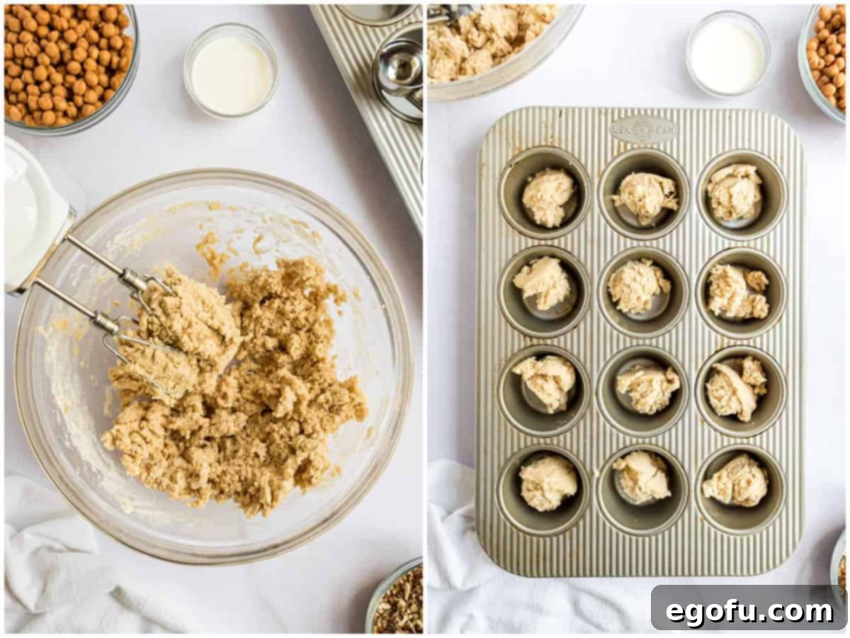 A collage of two photos: a mixing bowl showing flour, butter, and sugars blended, and cookie dough perfectly pressed into a muffin tin's wells.