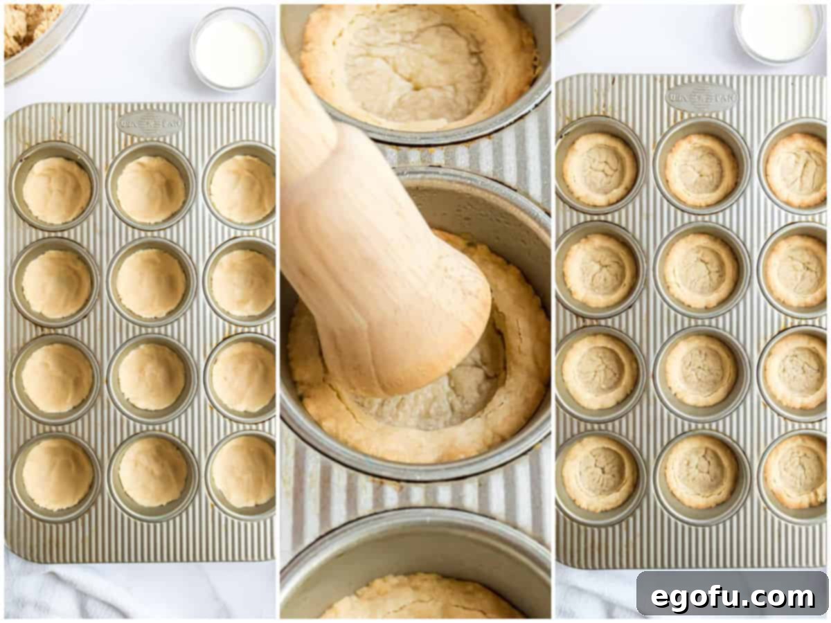 A three-photo collage illustrating the baking process: raw cookie dough in a muffin tin, a tool pressing down the centers of baked cookies, and fully cooked cookie cups resting in the muffin pan.