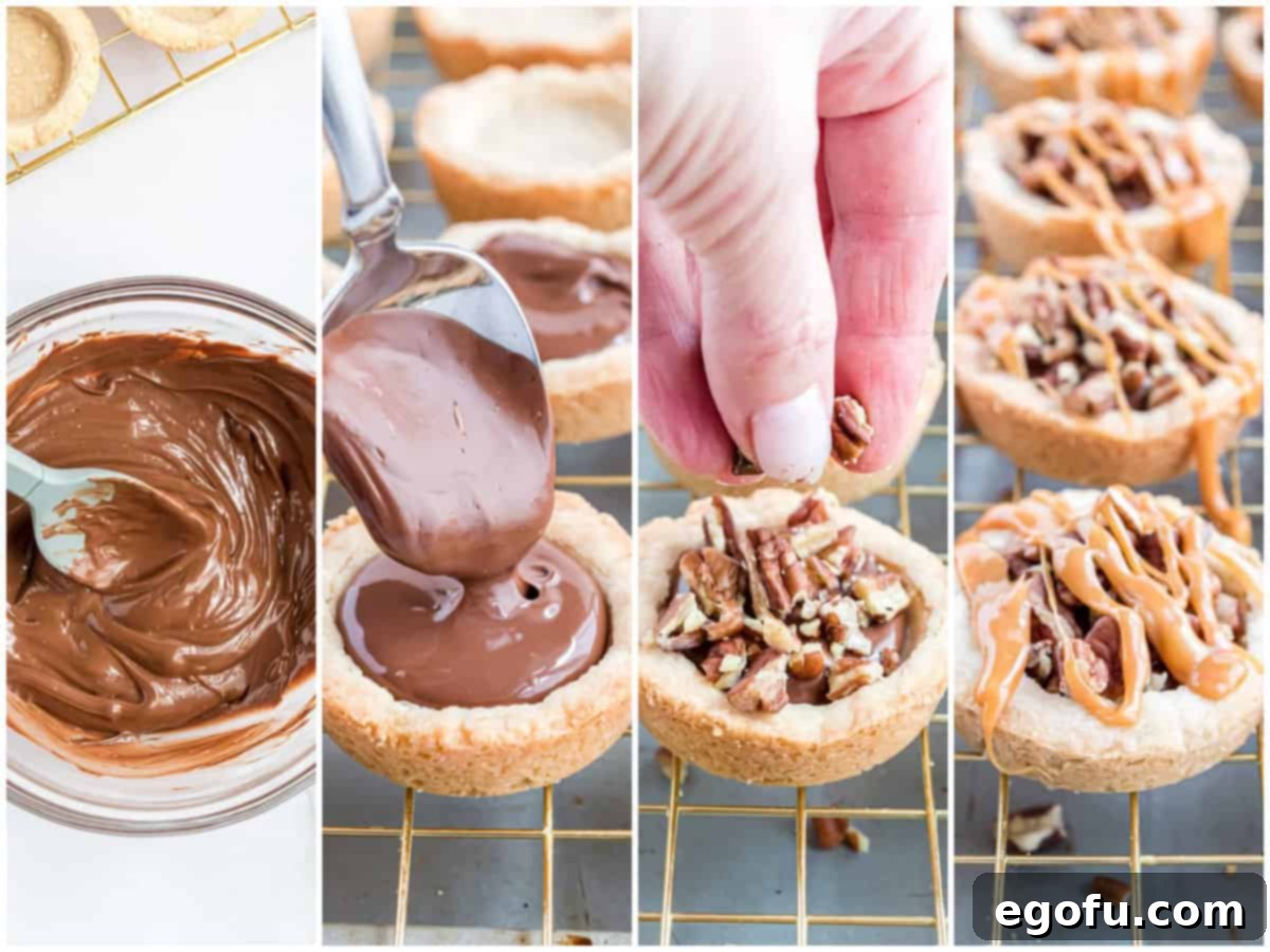 A four-photo collage demonstrating the assembly: melted chocolate in a bowl, chocolate being spooned into a cookie cup, a hand sprinkling pecans, and caramel drizzled over the finished layers.