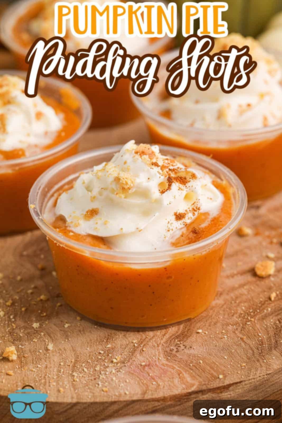 A few homemade Pumpkin Pie Pudding Shots elegantly topped with whipped cream and a sprinkle of cinnamon, ready for a fall celebration.