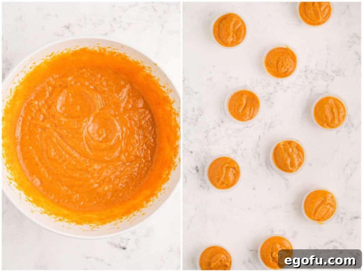 A collage of two photos depicting the process of making Pumpkin Pie Pudding Shots: first, the pudding mixture being whisked in a large bowl, and second, the mixture being poured into individual plastic shot cups.