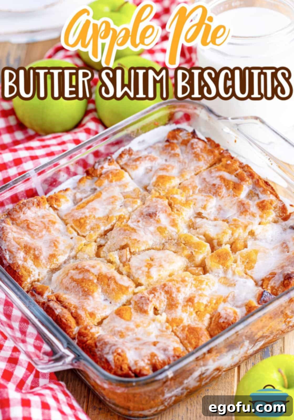 A baking dish with Apple Pie Butter Swim Biscuits.