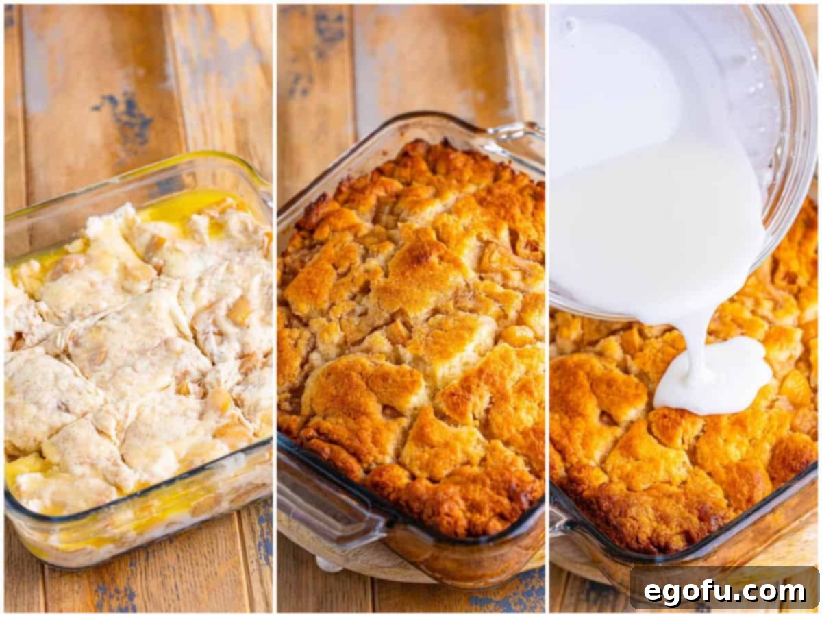 collage of three photos: biscuit dough with cut marks in it; baked apple pie biscuits; pouring glaze on top of biscuits.