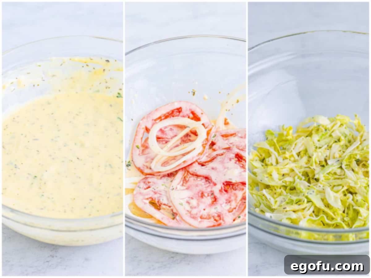 A collage of three photos showing the Italian Grinder Slider preparation: first, the prepared dressing in a bowl; second, dressing coating sliced tomatoes and onions; third, dressing covering shredded lettuce.