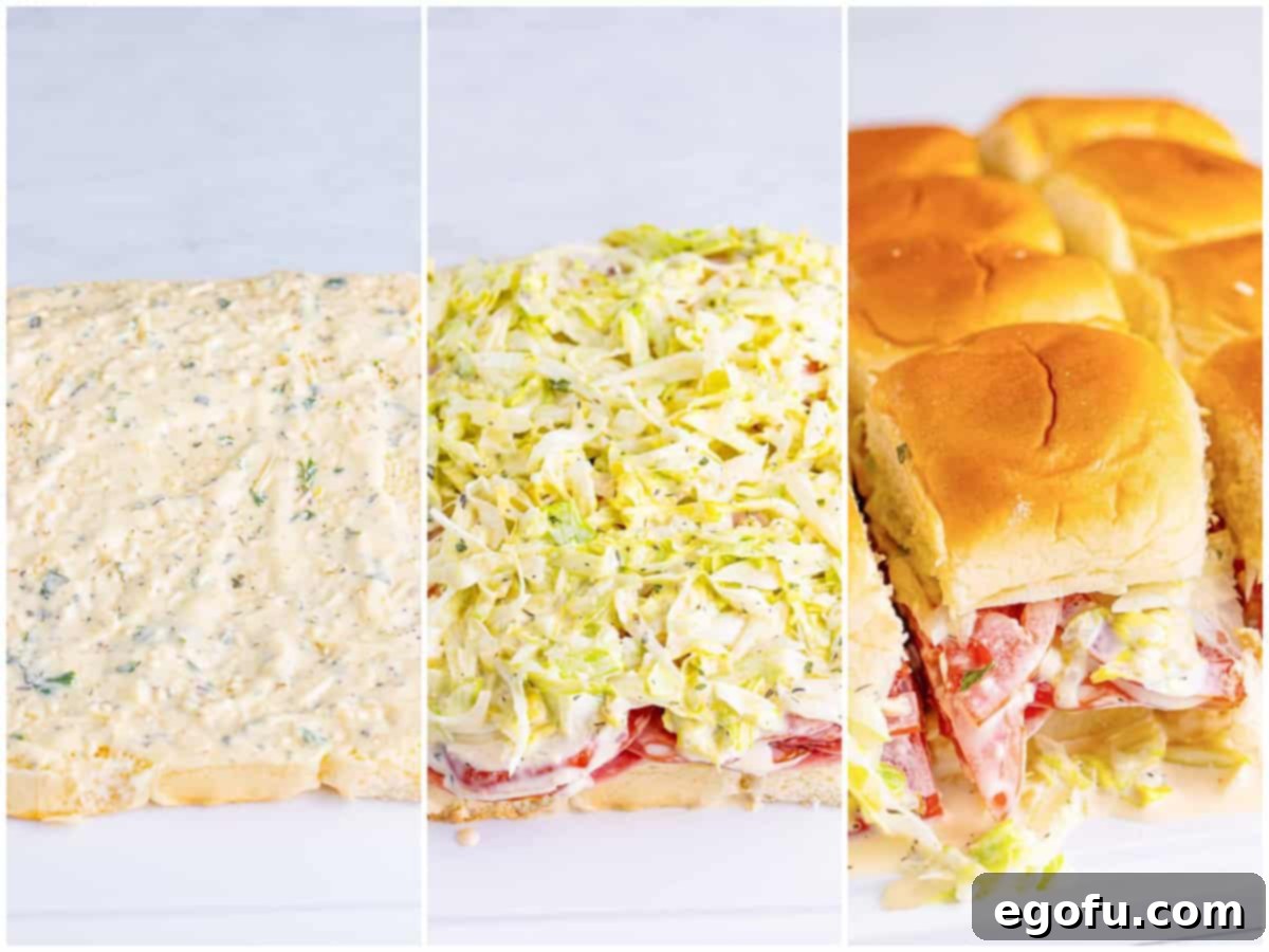 A collage of three photos illustrating the slider assembly: dressing spread on bottom buns; layers of deli meats, cheese, tomatoes, onions, and lettuce added; and finally, top buns placed to complete the sandwiches.