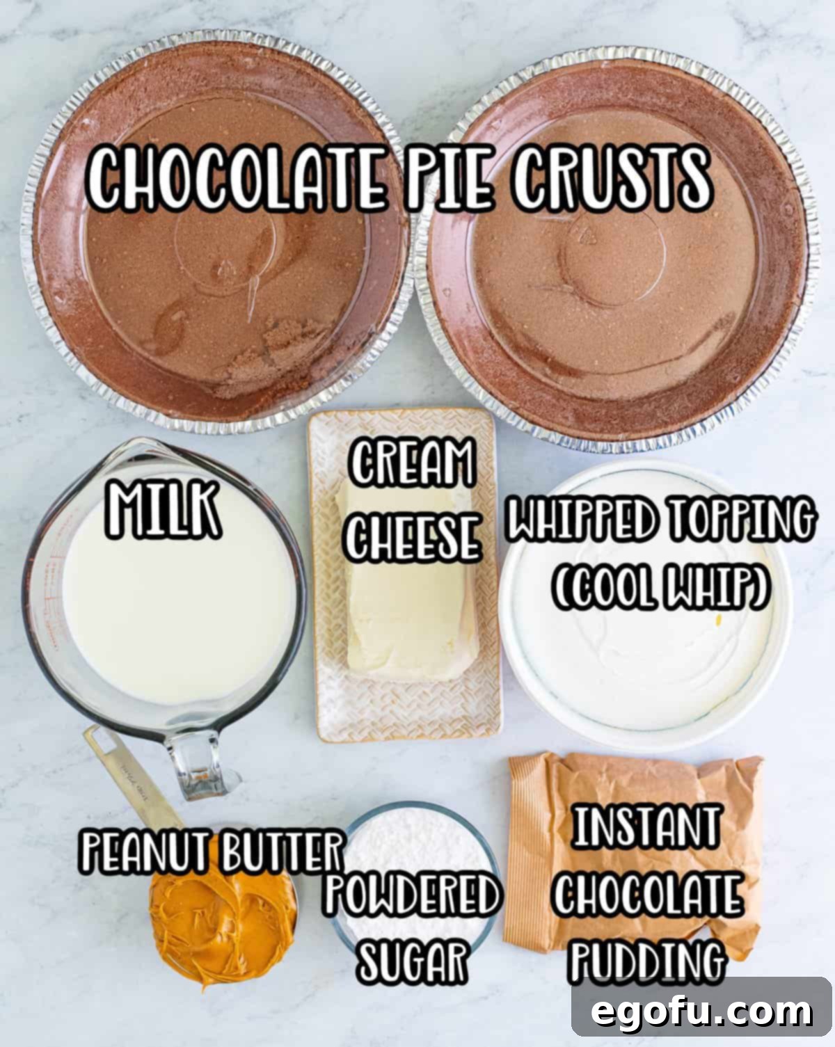 Creamy No Bake Chocolate Peanut Butter Bliss Pie 4 A vibrant display of all the essential ingredients for No Bake Chocolate Peanut Butter Pudding Pie: pre-made chocolate pie crusts, whole milk, softened cream cheese, instant chocolate pudding mix, creamy peanut butter, powdered sugar, and thawed whipped topping.