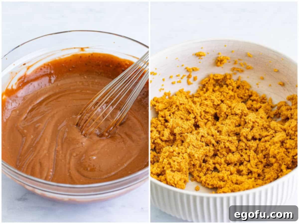 Creamy No Bake Chocolate Peanut Butter Bliss Pie 5 A two-panel collage: the first image shows instant chocolate pudding mix being whisked with milk; the second shows softened cream cheese, peanut butter, and powdered sugar blended until smooth in a large mixing bowl.