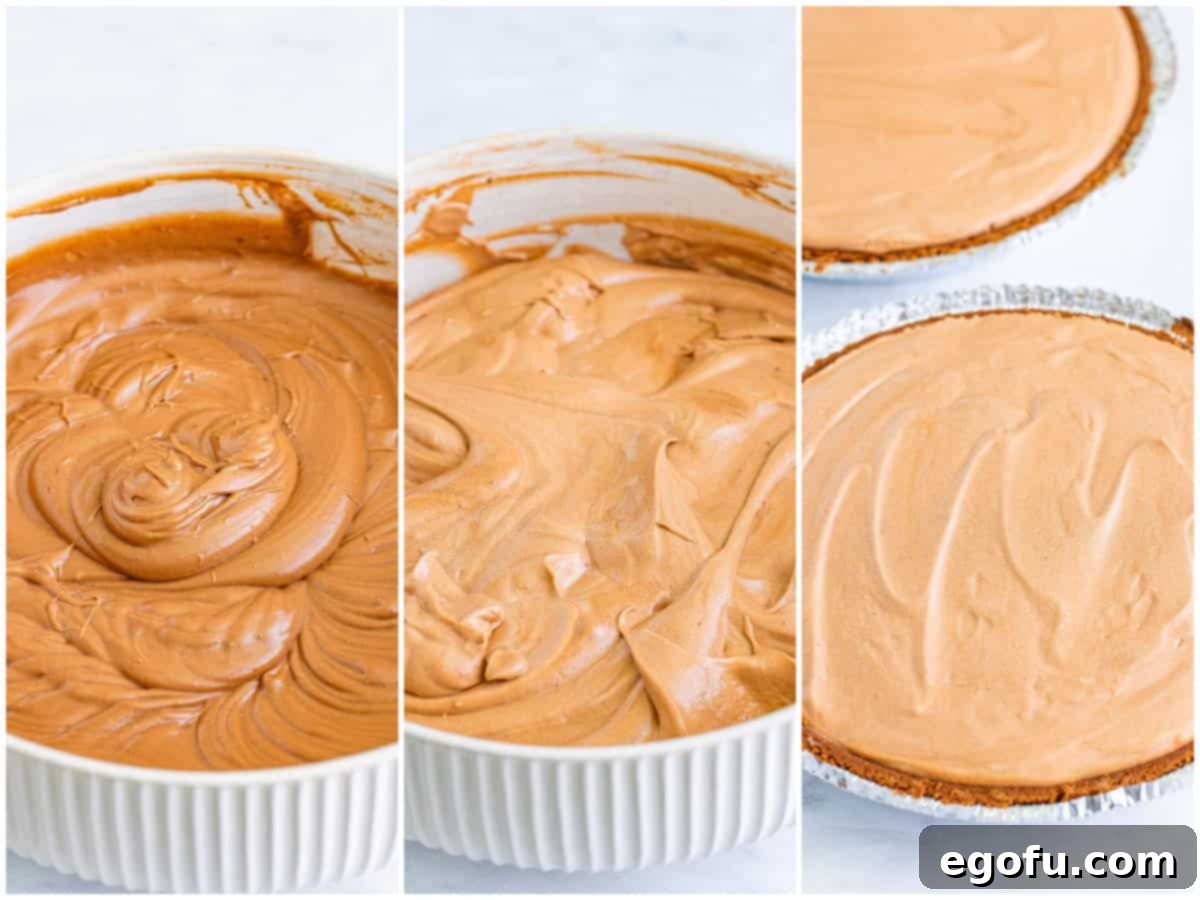 Creamy No Bake Chocolate Peanut Butter Bliss Pie 6 A three-panel collage illustrating the pie assembly process: the peanut butter mixture combined with chocolate pudding, whipped topping gently folded into the mixture, and the finished filling being spooned into chocolate pie crusts.