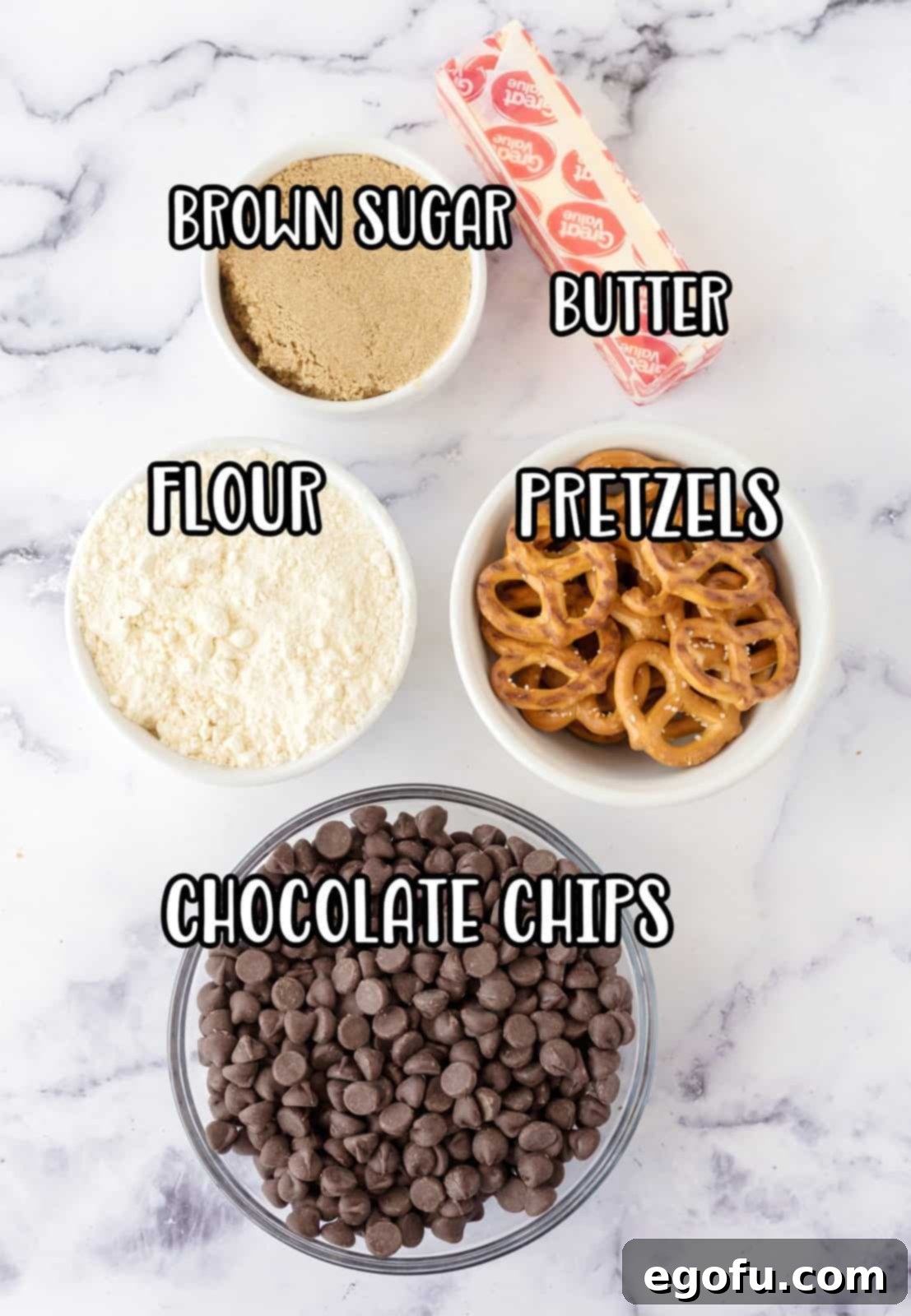 Butter, brown sugar, flour, pretzels, and chocolate chips.