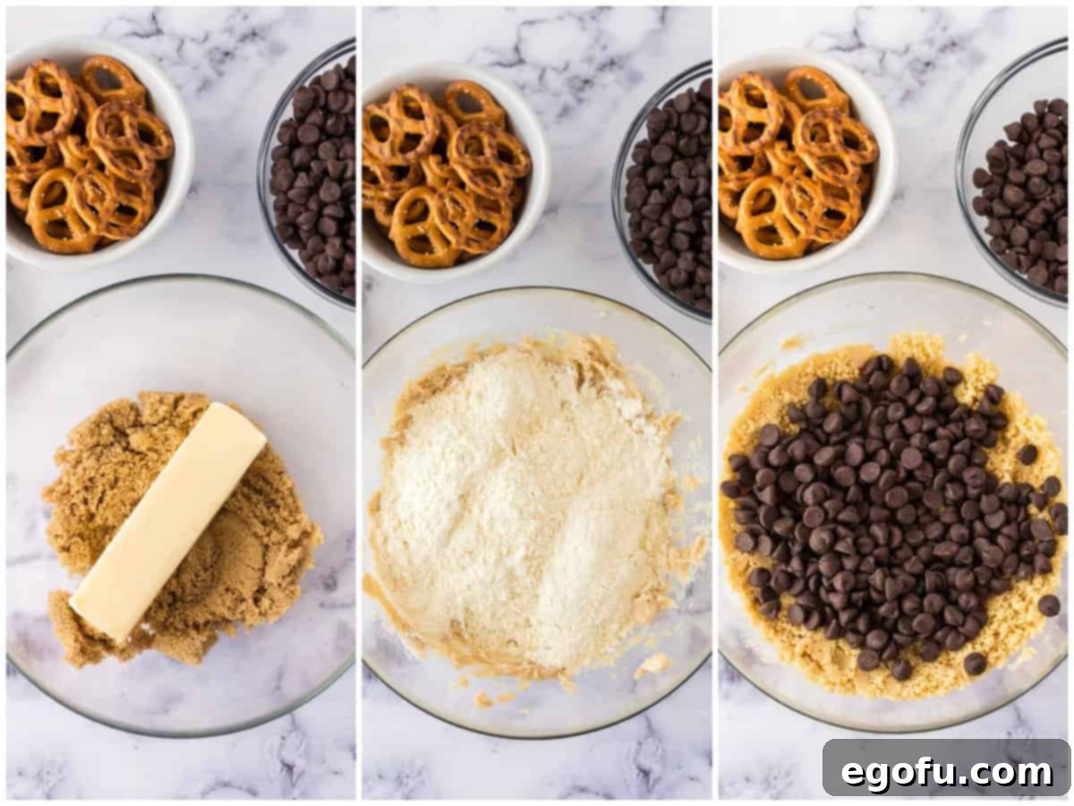 collage of three photos: a mixing bowl with brown sugar and butter; flour added to brown sugar mixture; chocolate chips added to cookie dough. 
