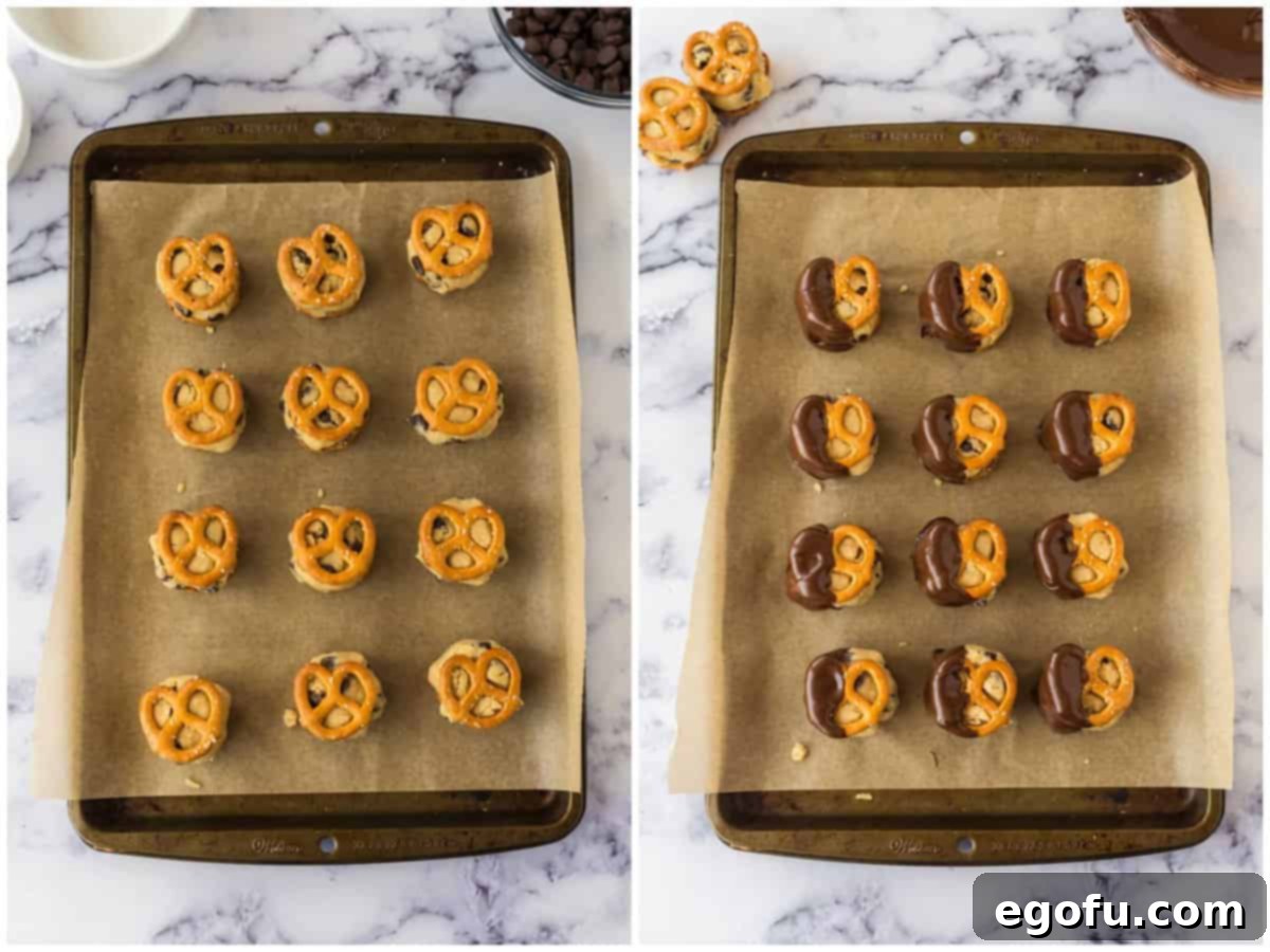 collage of two photos: cookie dough bites sandwiched in between pretzels; cookie dough pretzel bites dipped in chocolate. 