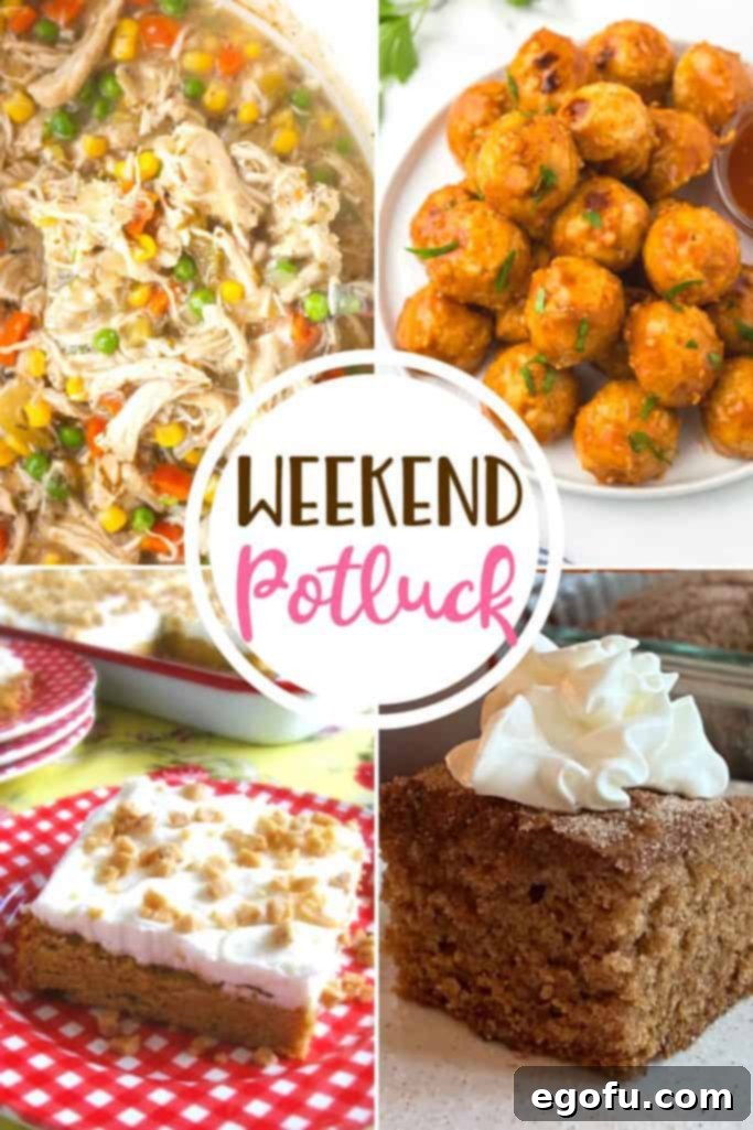 Weekend Potluck featured recipes: Slow Cooker Chicken Pot Pie, Pumpkin Sugar Cookie Bars, Honey Bourbon Meatballs and Apple Cider Crazy Cake.
