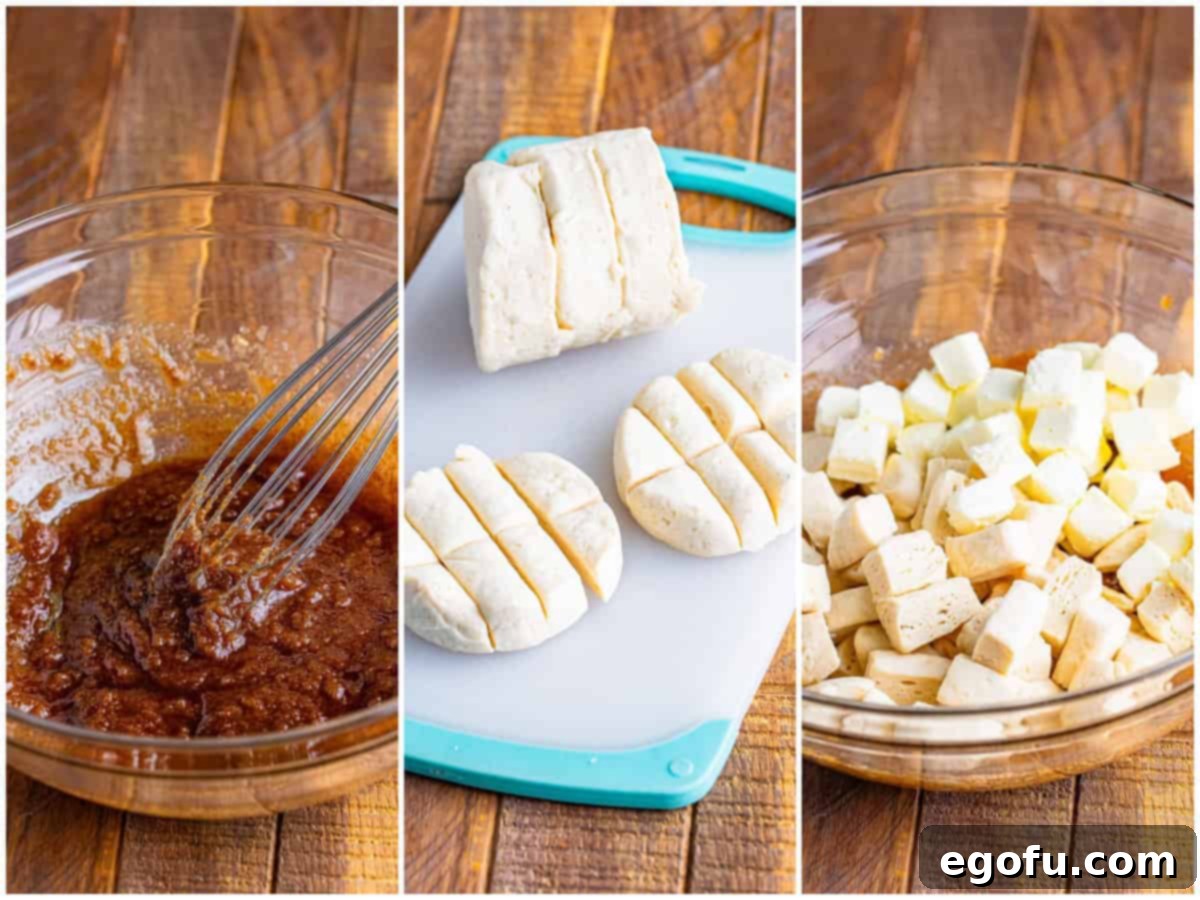 A mixing bowl filled with whisked brown sugar, melted butter, ground cinnamon, and vanilla extract, forming a rich, golden-brown sauce.