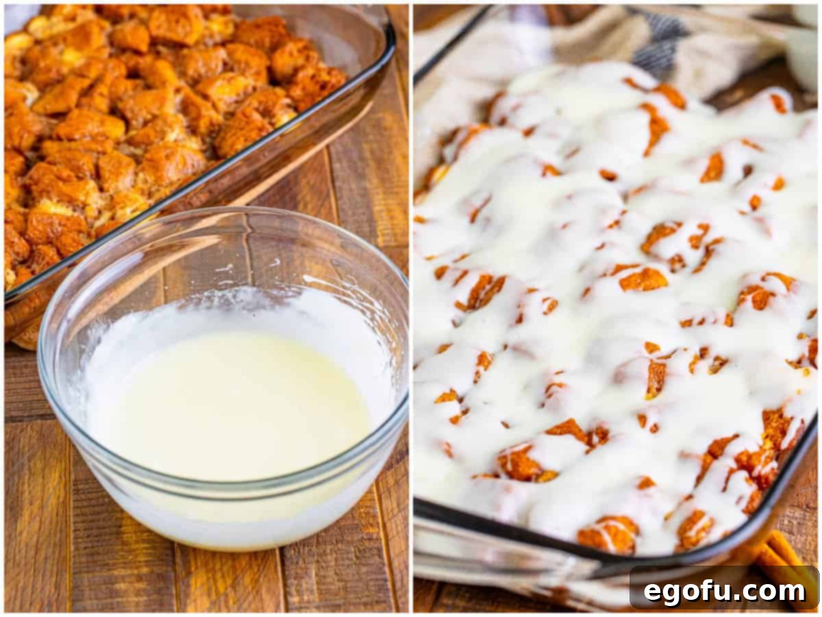 A bowl of smooth, creamy cream cheese glaze, ready to be poured.