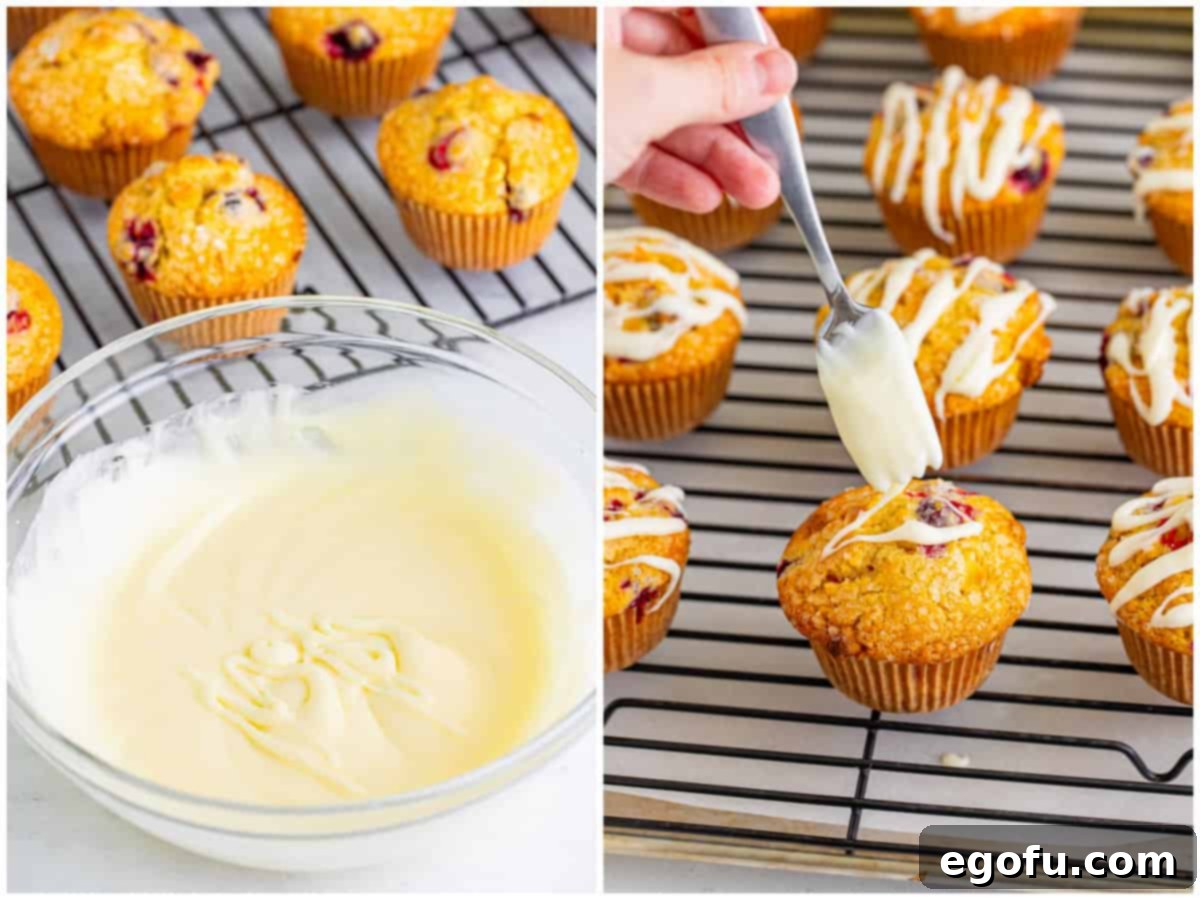 A collage showing the fully mixed cream cheese glaze and then glaze being drizzled over the baked muffins.