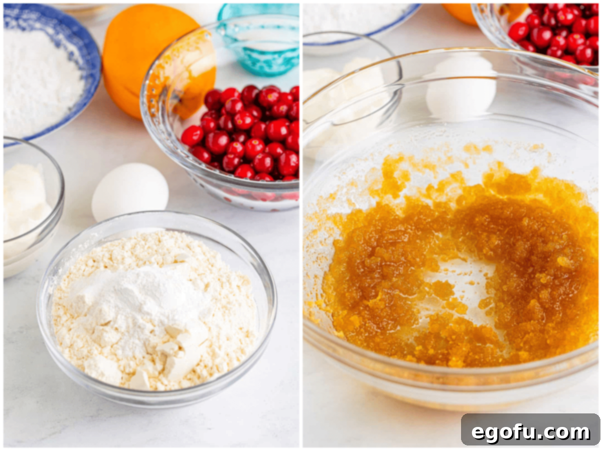A collage showing dry ingredients in one bowl and oil and brown sugar in another for Cranberry Bliss Muffins.