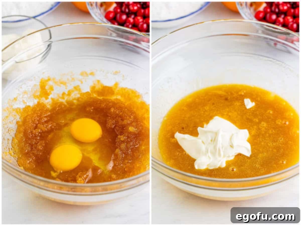 A collage showing eggs added to the brown sugar mixture, and then sour cream being added to the mix.