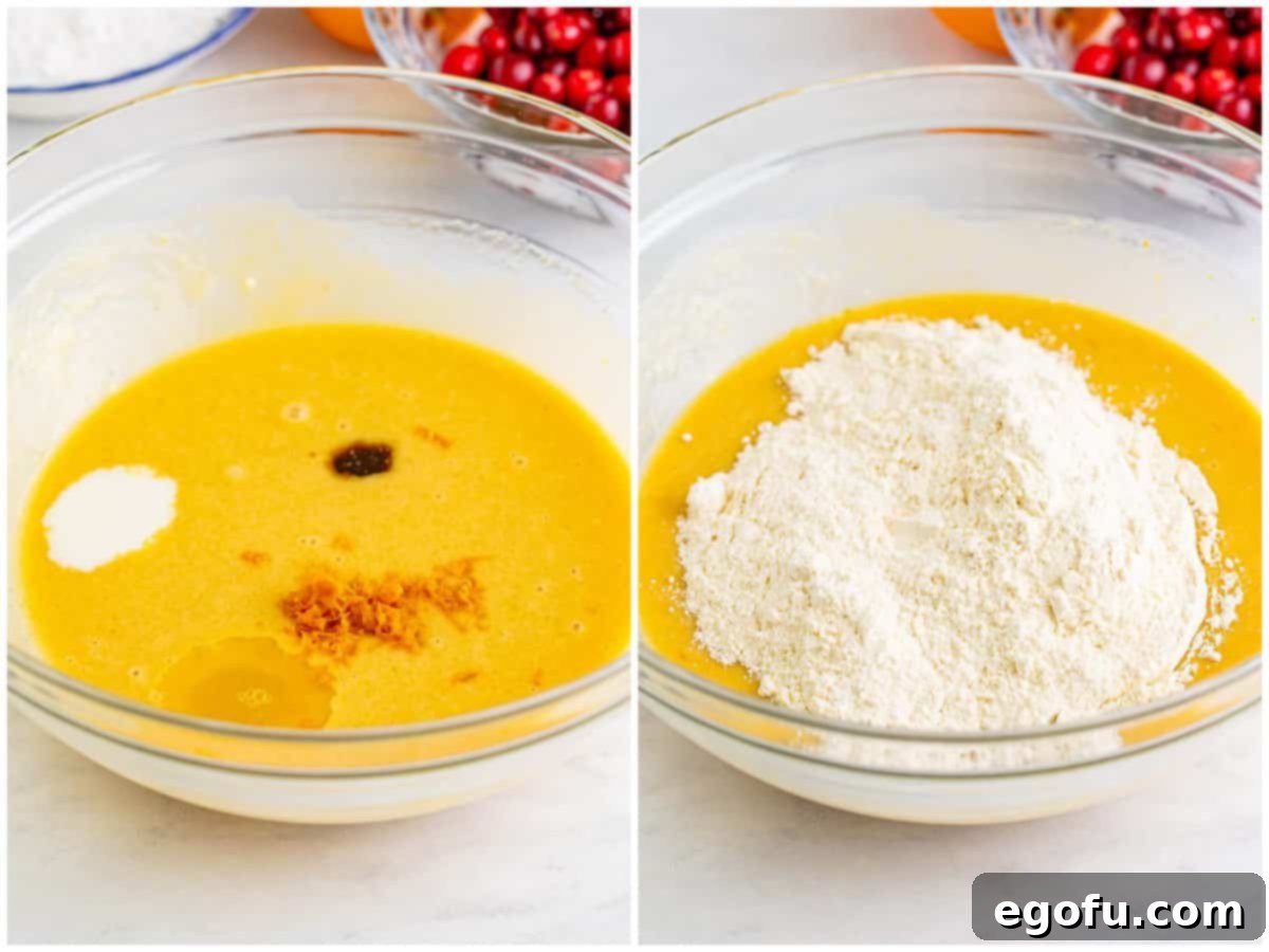 A collage showing orange zest, orange juice, milk, and vanilla extract added to the wet mixture, followed by the gradual addition of flour.