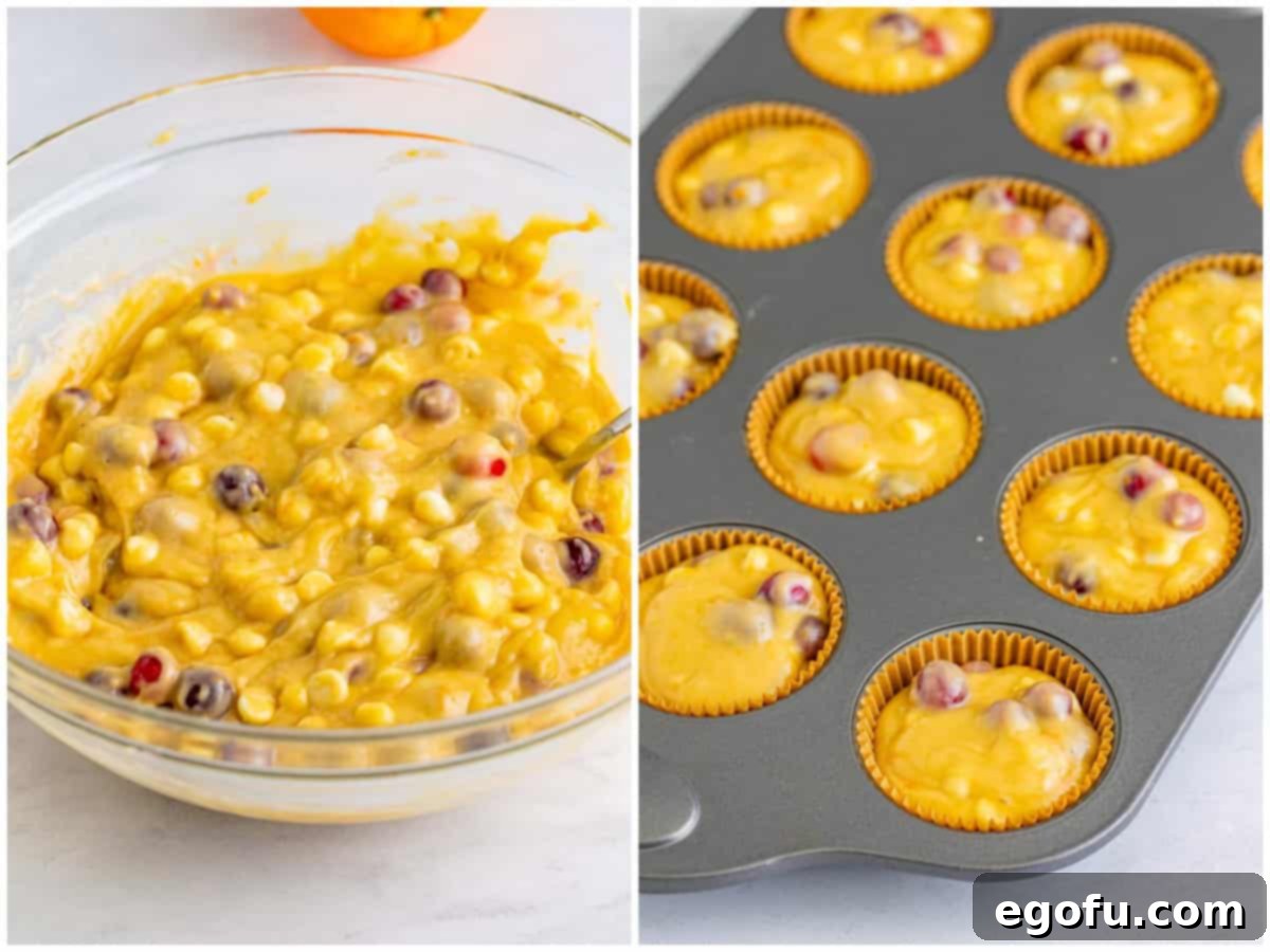 A collage showing cranberries and white chocolate chips folded into the batter, and then the batter being spooned into muffin cups.