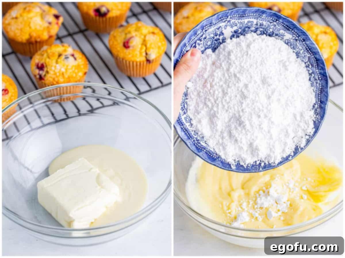 A collage showing cream cheese and melted white chocolate, and then powdered sugar being added to the mixture for the glaze.