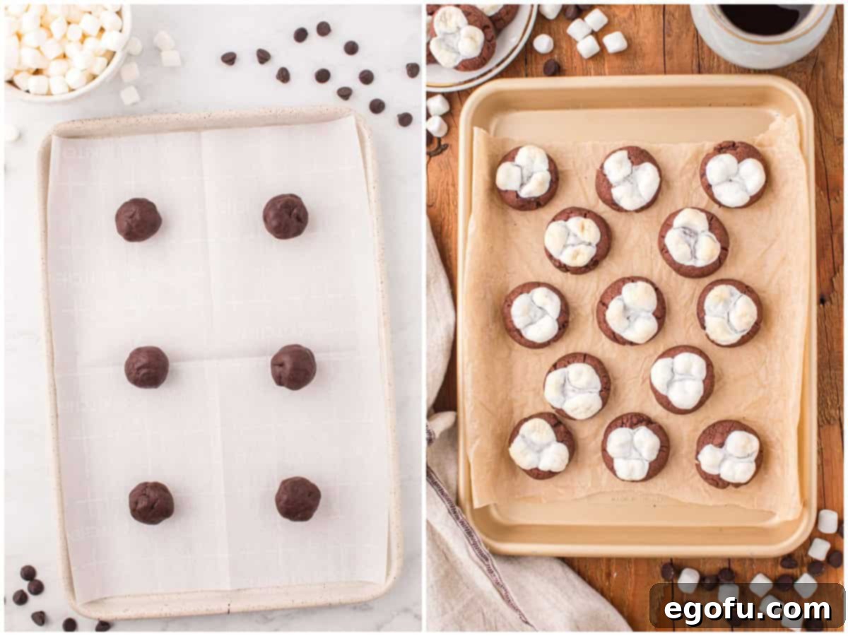 Hot cocoa cookie dough balls on a lined baking sheet; Marshmallows on top of chocolate cookies. 
