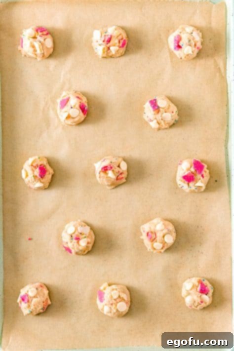 Cookie dough balls on a lined baking sheet.