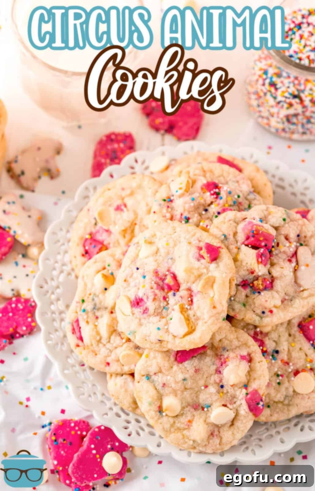 A perfectly stacked pile of vibrant Circus Animal Cookies on a pristine white plate, showcasing their inviting colors and textures.