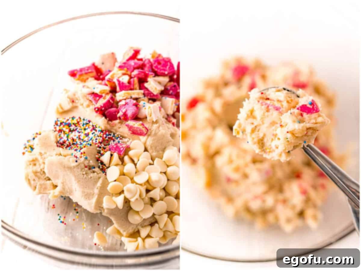A collage showing two stages of preparation: a mixing bowl with cookie dough and mix-ins, and a cookie scoop with perfectly portioned dough.