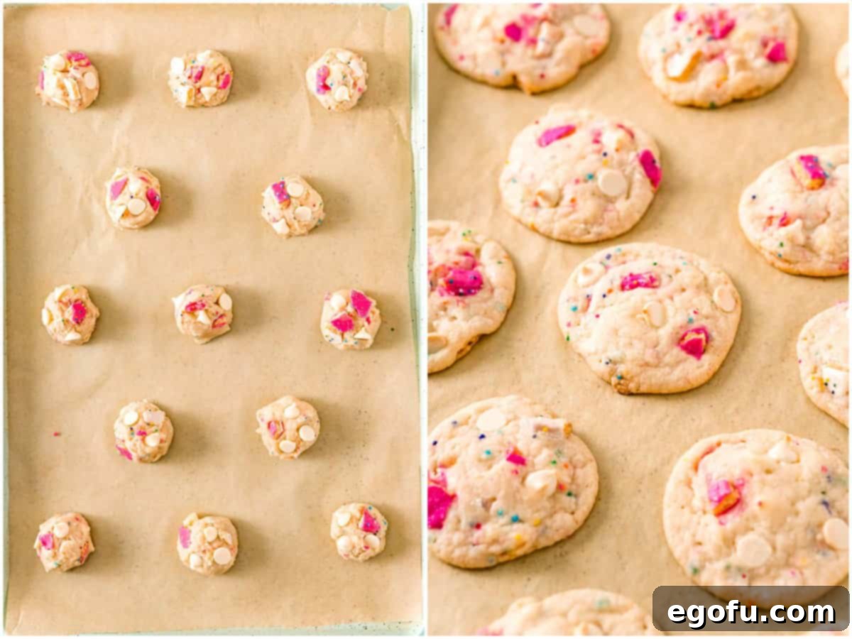 A collage featuring cookie dough balls neatly arranged on a baking sheet, alongside a shot of the same cookies fresh out of the oven, showing golden edges.