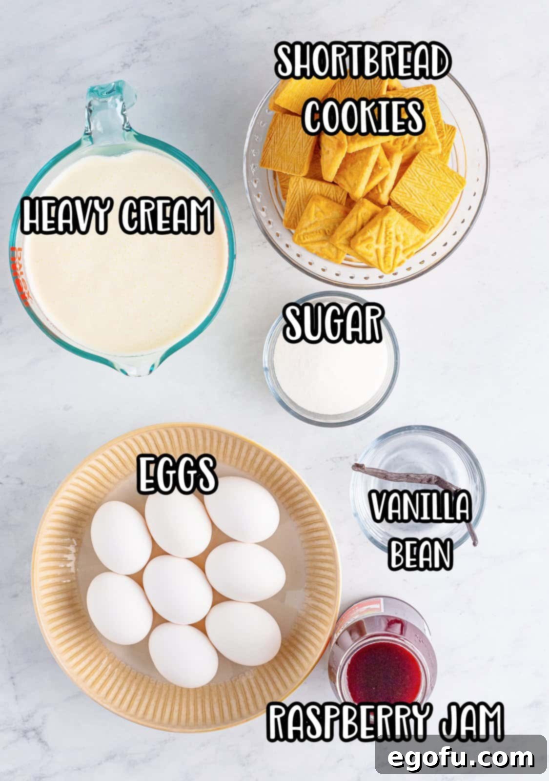 Creme Brûlée Parfaits 4 Heavy cream, shortbread cookies, eggs, sugar, vanilla bean, and raspberry jam.