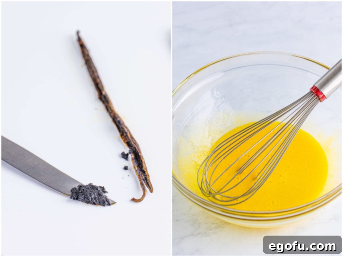 Creme Brûlée Parfaits 5 collage of two photos: a knife with some vanilla bean on the tip next to the pod; egg yolks and a whisk in a bowl.
