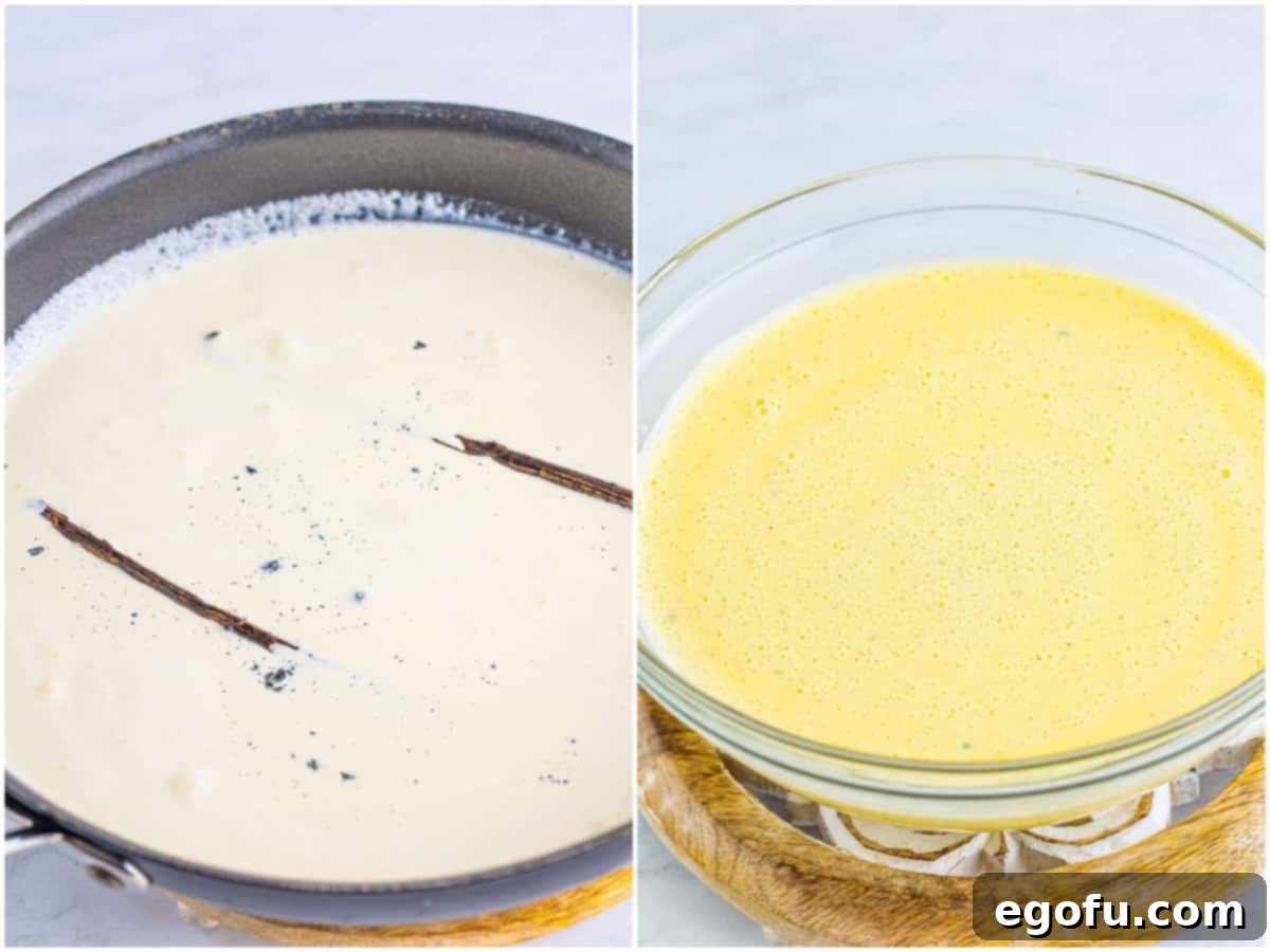 Creme Brûlée Parfaits 6 collage of two photos: heavy cream and vanilla bean in a saucepan; heavy cream mixture stirred into egg mixture in a bowl.