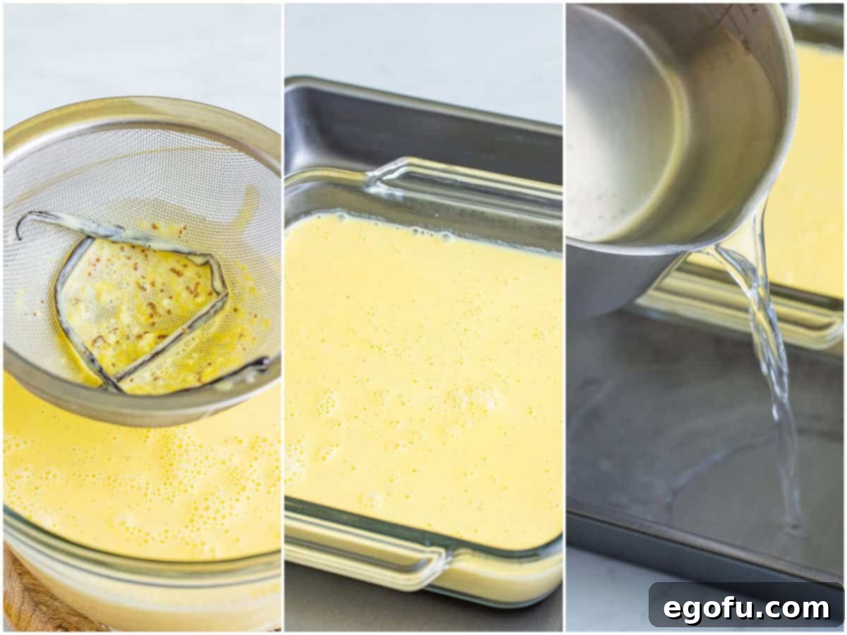 Creme Brûlée Parfaits 7 collage of three photos: straining vanilla bean pods from custard mixture; custard mixture in a baking dish; hot water being poured into pan.
