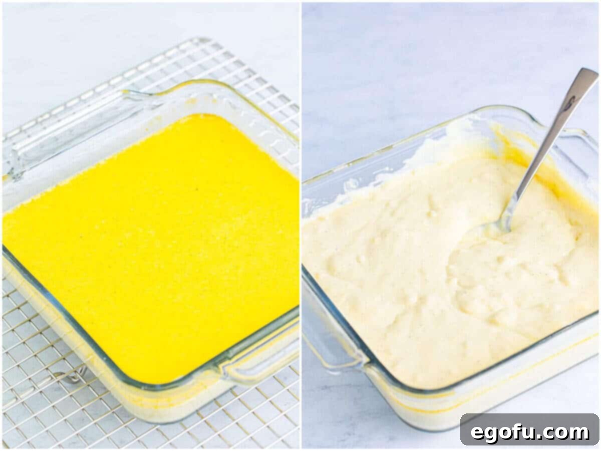 Creme Brûlée Parfaits 8 collage of two photos: baked custard mixture cooling on a cooling rack; fully cooled custard being stirred up with a fork.